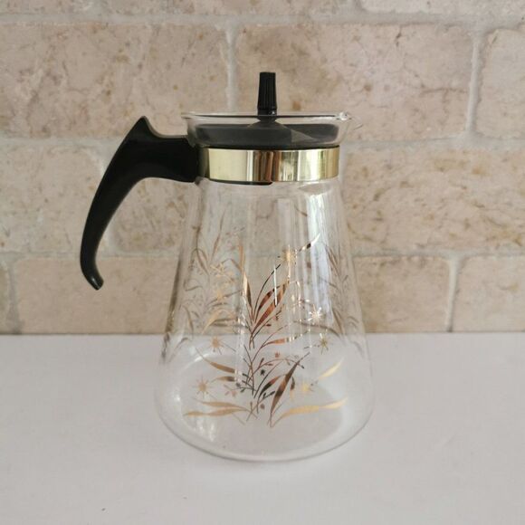 Vintage Pyrex Glass Carafe Gold Wheat Atomic Starburst MCM Retro Coffee Tea Pot - Picture 2 of 9
